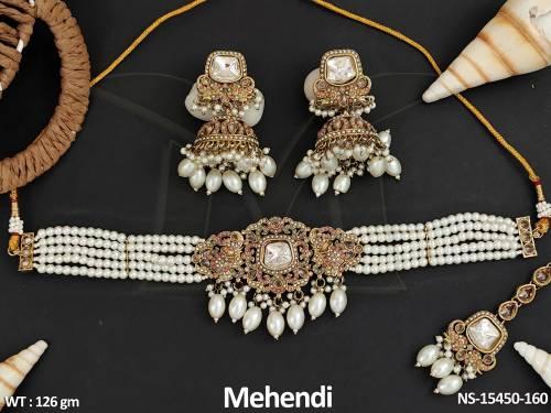 Antique Jewellery Beautifully Designed Mehendi Polish Party Wear Choker Necklace Set 