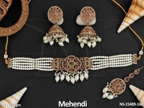 antique-jewellery-mehendi-polish-clustered-pearl-fancy-style-necklace-set-