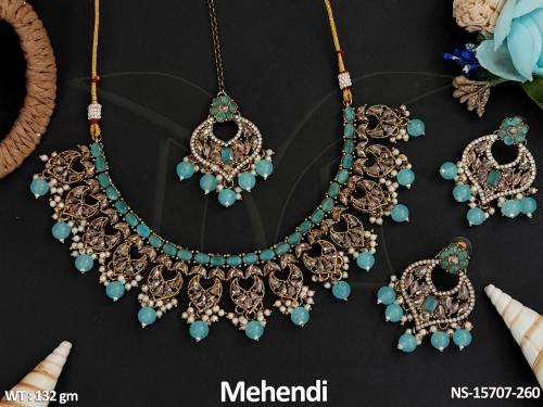 designer-antique-jewellery-mehendi-polish-clustered-pearl-party-wear-necklace-set-