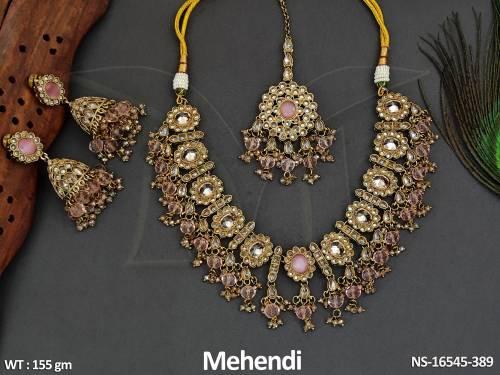 antique-jewellery-mehendi-polish-clustered-pearl-fancy-style-necklace-set-