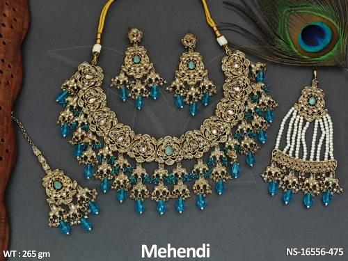 antique-mehendi-polish-clustered-pearl-design-party-wear-necklace-set-