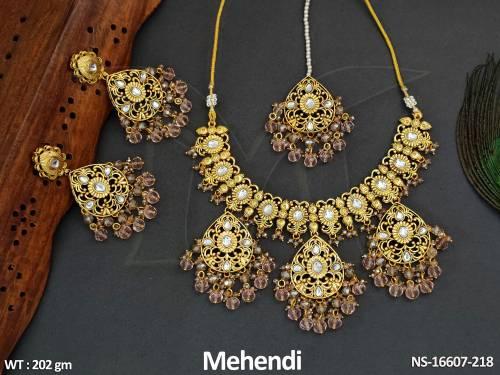 antique-mehendi-polish-clustered-pearl-party-wear-necklace-set-