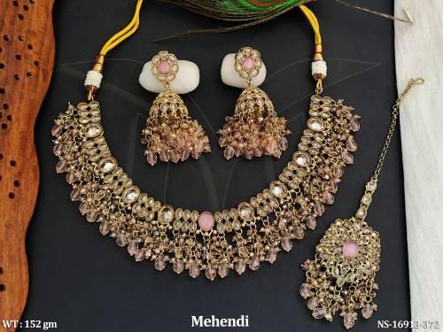 antique-mehendi-polish-full-stone-clustered-pearl-necklace-set-