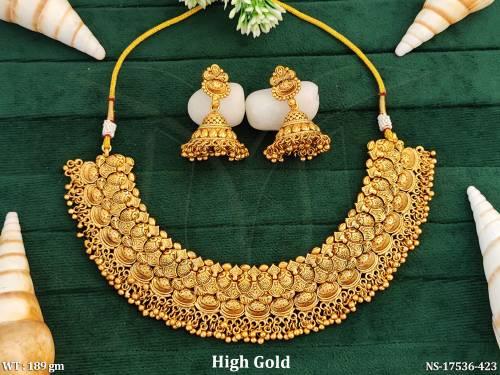 Antique Designer Heavy High Gold Necklace Set with Jhumka Earrings
