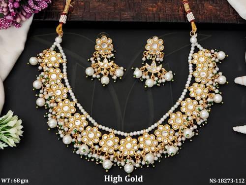 Beautiful High Gold Polish Clustered Pearl Party Wear Necklace Set   