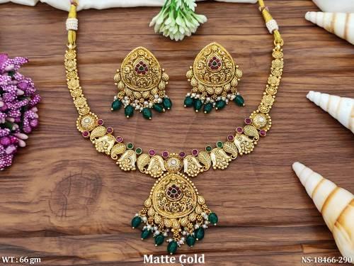 Antique Matte Gold Polish Full Stone Clustered Pearl Necklace Set  