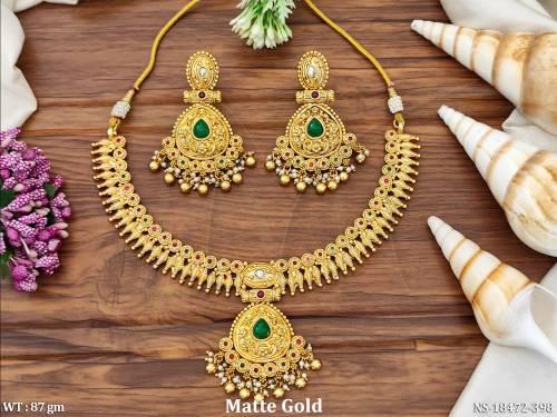 Beautiful Designer Full Stone Matte Gold Polish Necklace Set   