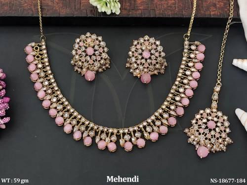 Beautiful Full Stone Mehendi Polish Fancy Style Short Necklace Set   