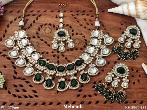Antique Design  Mehendi Polish Full Stone Clustered Pearl Necklace Set  