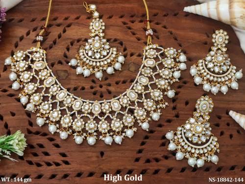 Antique High Gold Clustered Pearl Full Stone Necklace Set   