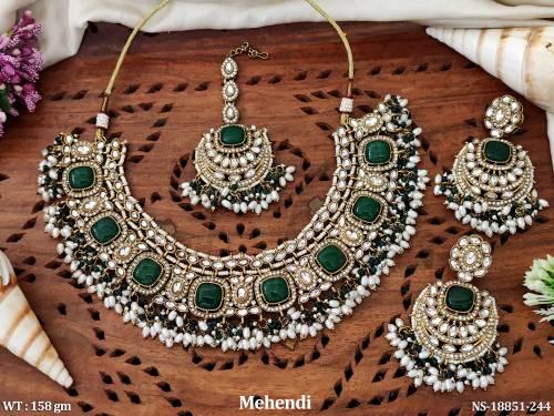 Antique clustered Pearl Mehendi Polish Party Wear Necklace Set  