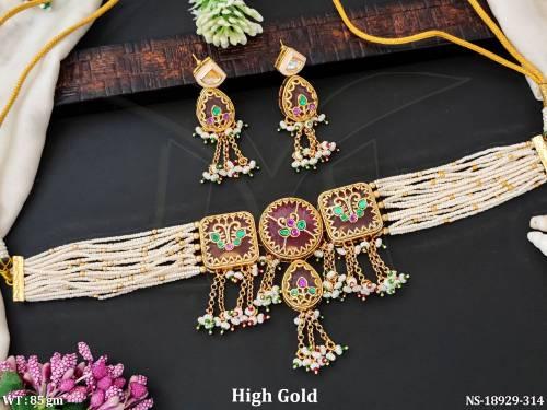 Antique Clustered Pearl High Gold Polish Necklace Set   