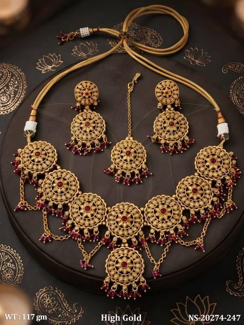 Antique High Gold Floral Choker Necklace Set with Tikka
