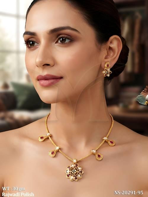 Rajwadi Polish Antique Floral Necklace Set with Earrings