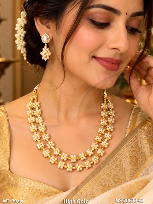 Fancy Designer Pearl Necklace Set High Gold Polish