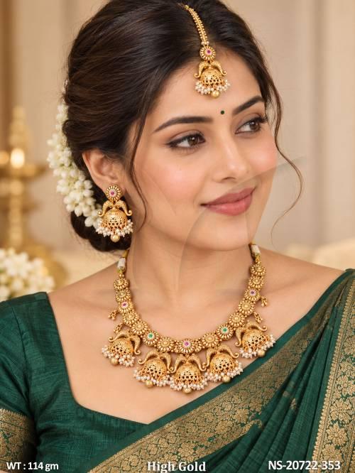 High Gold Antique Temple Necklace Set With Jhumkas