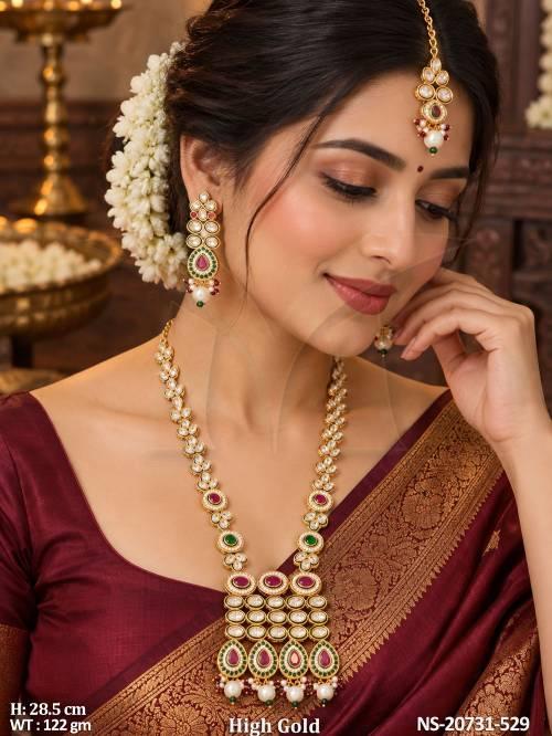 Antique Kundan Long Necklace Set with Pearl Drops