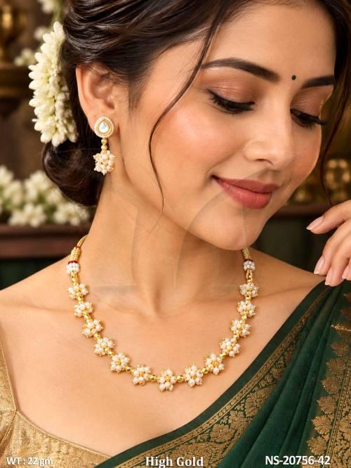 Designer Floral Pearl Necklace With Earrings