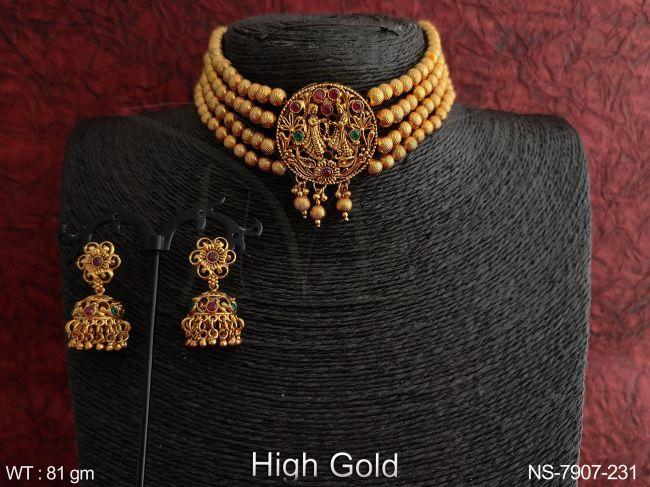 High Gold Polish Antique Ethnic Beaded 4 Layers Beautiful Pendant Designer Choker Style Necklace Set