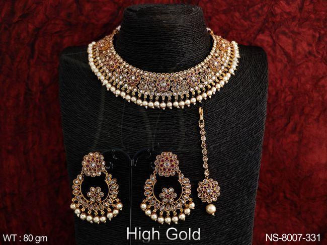 High Gold Polish Full antique white stones Clustered Pearl Party wear Fancy Choker Necklace Set With Maang Tikka