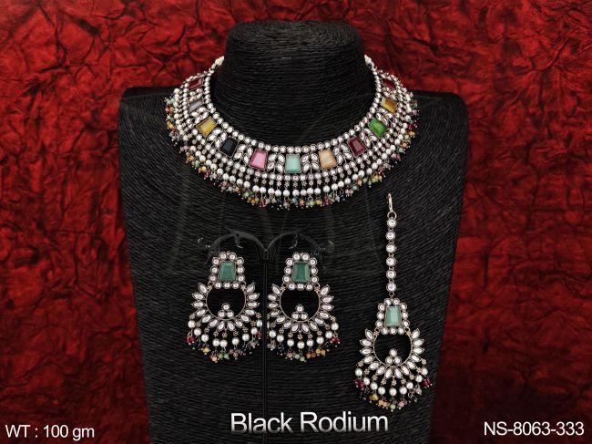 beautiful black rodium polish fancy style designer antique full white stones choker necklace set with maang tikka