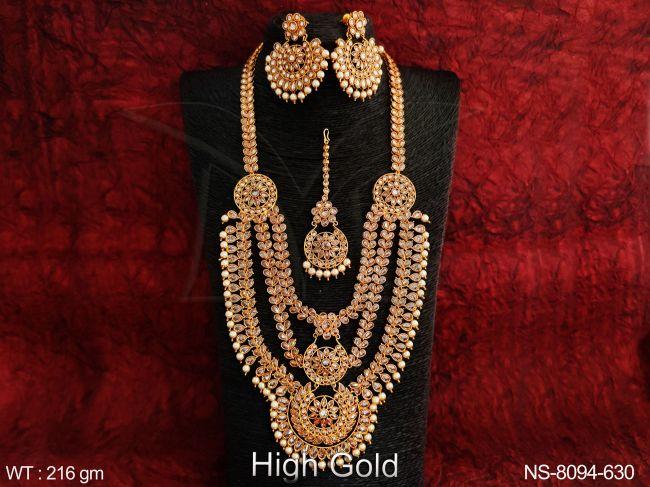 High Gold Polish Designer Antique Full white stones Clustered Pearl Beautiful Long Party wear Necklace Set