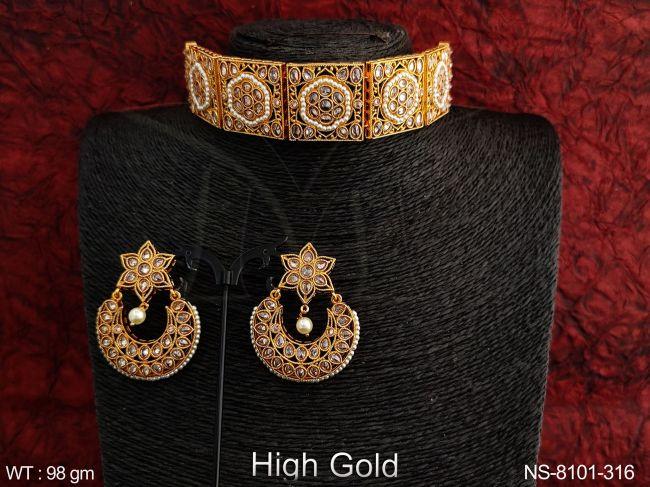 antique full white stones designer fancy high gold polish party wear fashion choker necklace set
