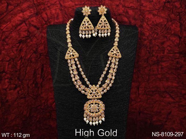 High gold Polish Beautiful Fancy Style Full Antique white stones Party wear Designer Long Necklace Set