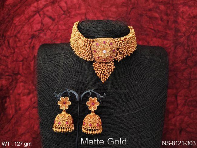 Designer Beautiful Antique Clustered Pearl Tassels full Stones Matte Gold Polish Party wear Fancy Style Choker Necklace Set