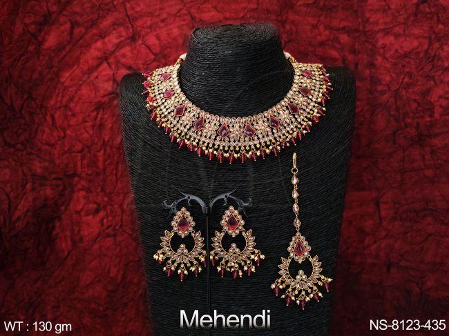 Full Antique White Stones Clustered Pearl Mehendi Polish Designer Party wear Choker Necklace Set with Maang Tikka