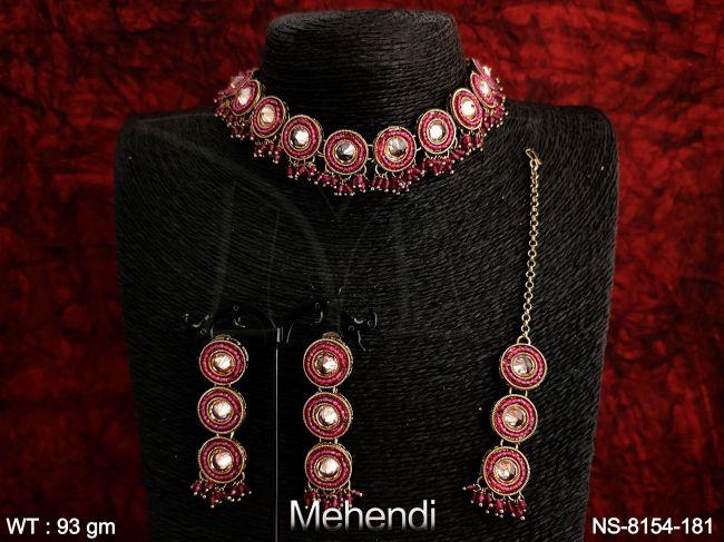 antique designer mehendi polished  round shape full stone fancy necklace with maang tikka