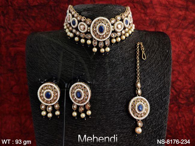 mehendi polish beautiful designer antique full white stones party wear necklace set with maang tikka