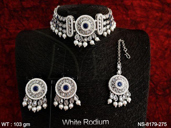 White Rodium Beautiful Antique White Stones Clustered Pearl Party wear Necklace Set with Maang Tikka
