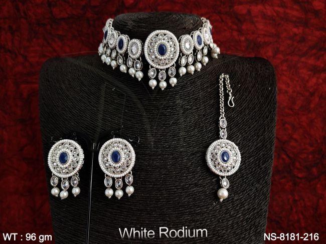 Beautiful White Rodium Designer Fancy Antique White Stones Clustered Pearl Necklace Set with Maang Tikka