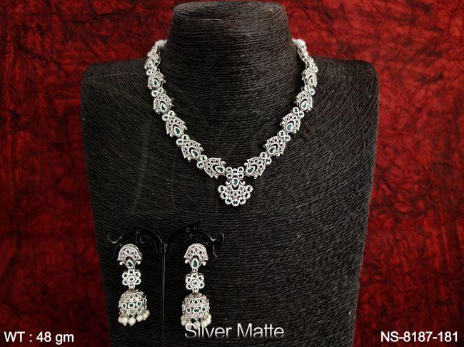beautiful fancy style designer silver matte polish full white stones party wear choker necklace set