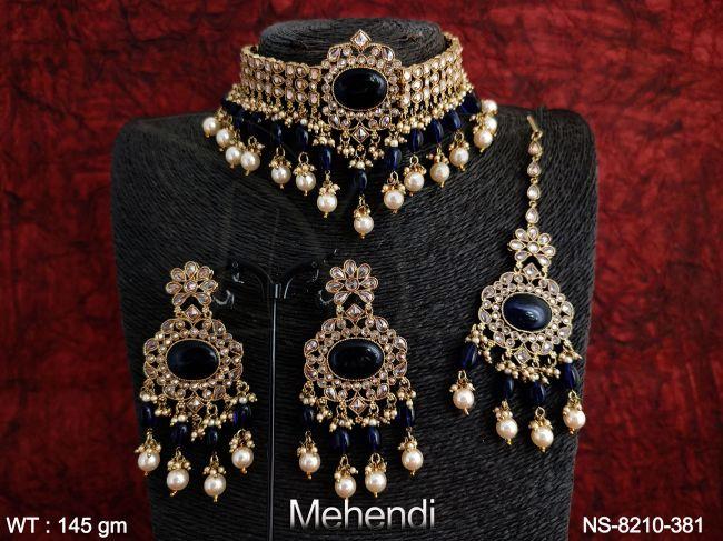 mehendi polish antique full white stones clustered pearl fancy style party wear  beautiful necklace set