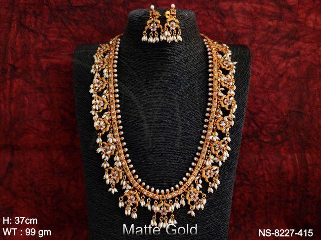 Antique Design Full Stones Clustered Pearl Tassels Peacock Design Matte Gold Polish Party wear Long Necklace Set