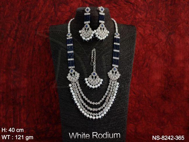 Beautiful Fancy Style White Rodium  Clustered Pearl Designer Antique Party wear Long Necklace Set