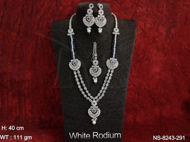 Antique Designer Fancy Style White Rodium Polish Party wear Beautiful Long Necklace Set