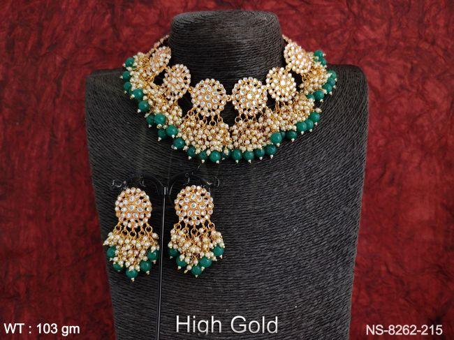 Designer Fancy Style Beautiful Antique Full Stones Clustered Pearl Tassels High Gold Polish Party wear Choker Necklace Set — NS-8262-215