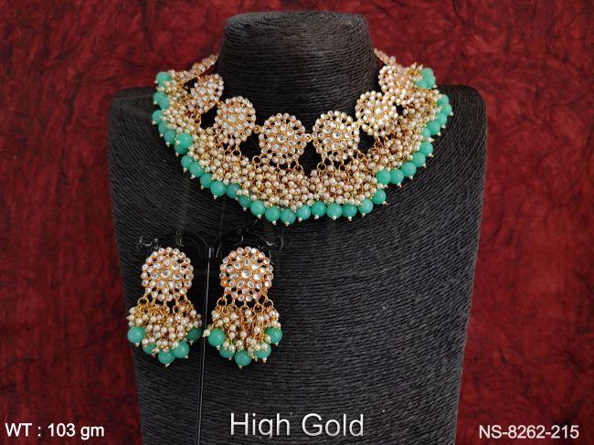 Designer Fancy Style Beautiful Antique Full Stones Clustered Pearl Tassels High Gold Polish Party wear Choker Necklace Set — NS-8262-215