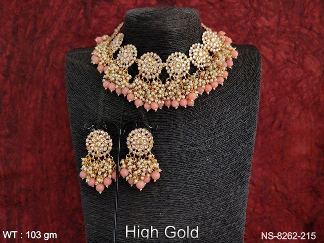 Designer Fancy Style Beautiful Antique Full Stones Clustered Pearl Tassels High Gold Polish Party wear Choker Necklace Set — NS-8262-215