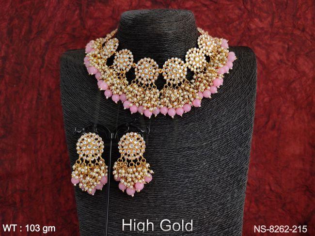 Designer Fancy Style Beautiful Antique Full Stones Clustered Pearl Tassels High Gold Polish Party wear Choker Necklace Set — NS-8262-215