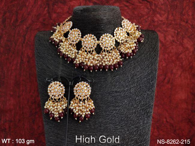 Designer Fancy Style Beautiful Antique Full Stones Clustered Pearl Tassels High Gold Polish Party wear Choker Necklace Set — NS-8262-215