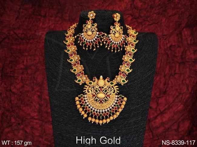 High Gold Polish Antique Full Stones Designer Fancy Style Beautiful Pendant Party wear Long Necklace Set