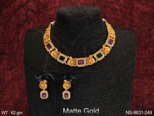 Antique Designer Party wear Full Stones Matte gold Polish Beautiful Necklace Set