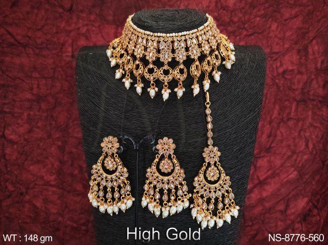 High gold Polish Designer Party wear Antique Party wear Choker Necklace Set with Maang Tikka
