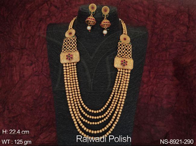 5 Layers Ethnic Beaded Rajwadi Polish Fancy Style Designer Long Necklace Set