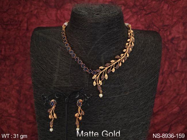 Matte Gold Polish Leaf Design Beautiful Party wear Designer Necklace Set