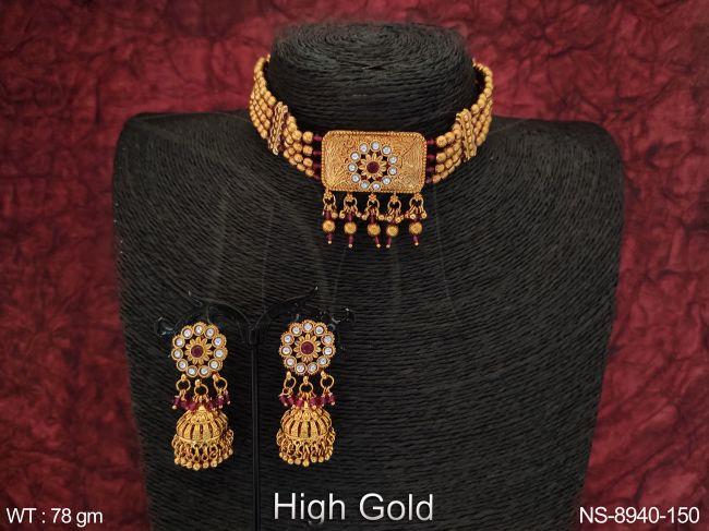 Beautiful High Gold Polish Designer Fancy Style Party wear Necklace Set